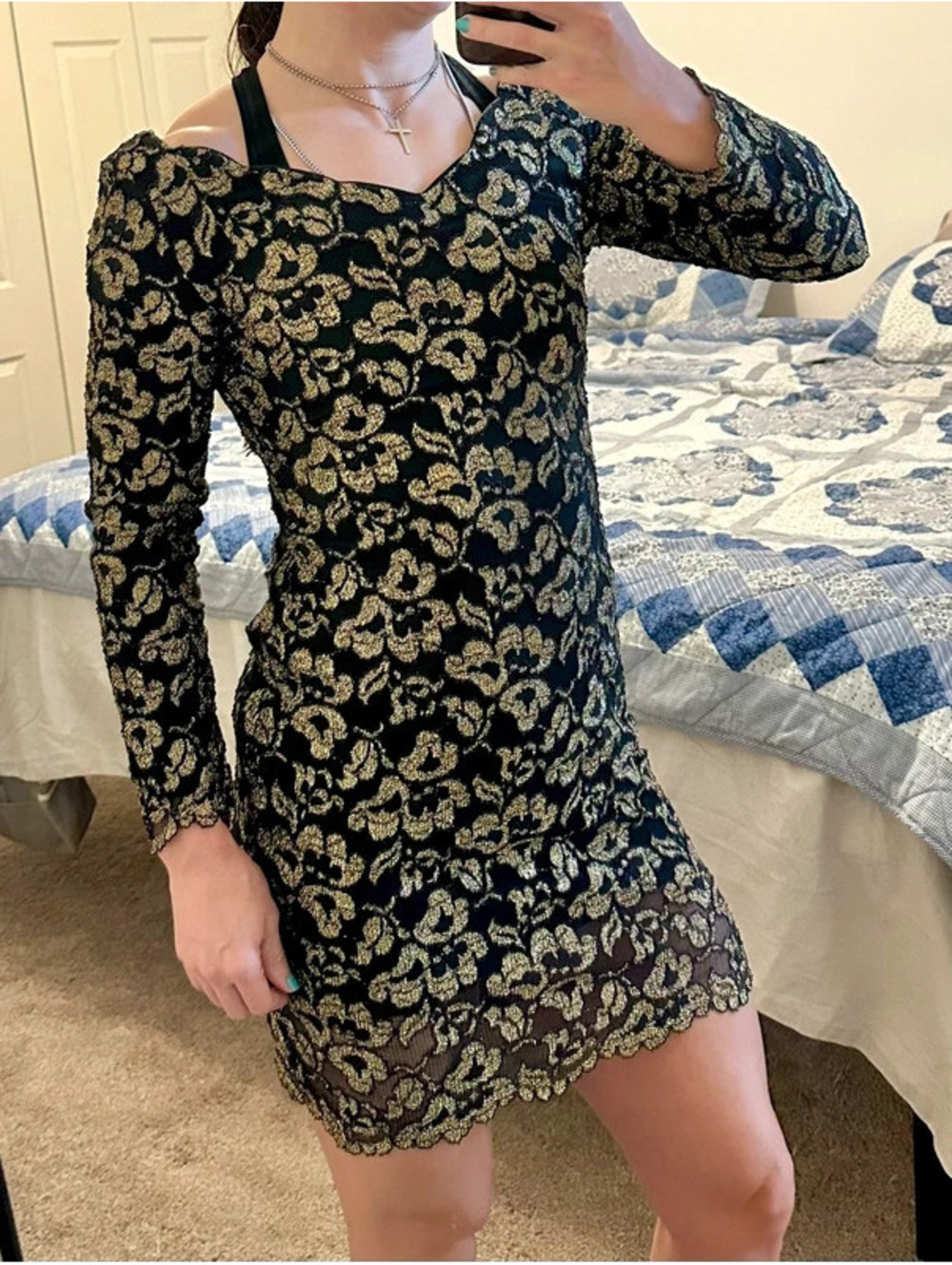 Vintage Molly Malloy Mini Dress Long Sleeve Black Gold Floral pattern size 10